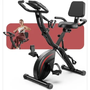 Folding Exercise Bike, 5 IN 1 Stationary Bikes for Home 6.6 LBS Flywheel, 330LB Weight Capacity Back Support Cushion